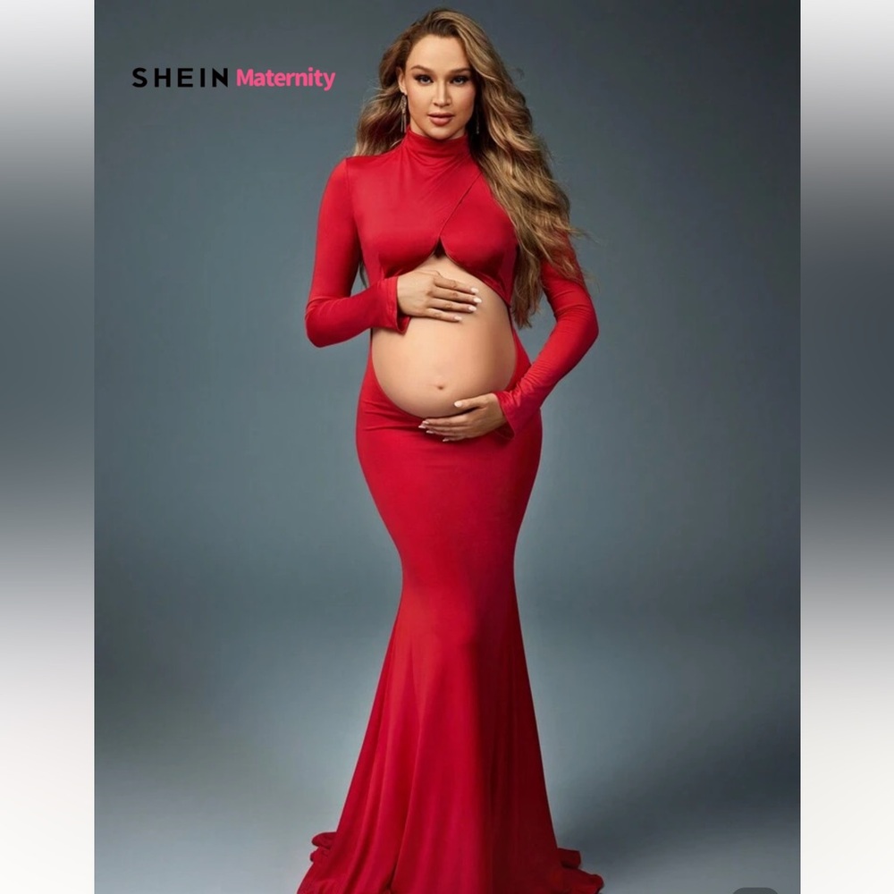 SHEIN Red Maternity Long Sleeve Mock Neck Gown